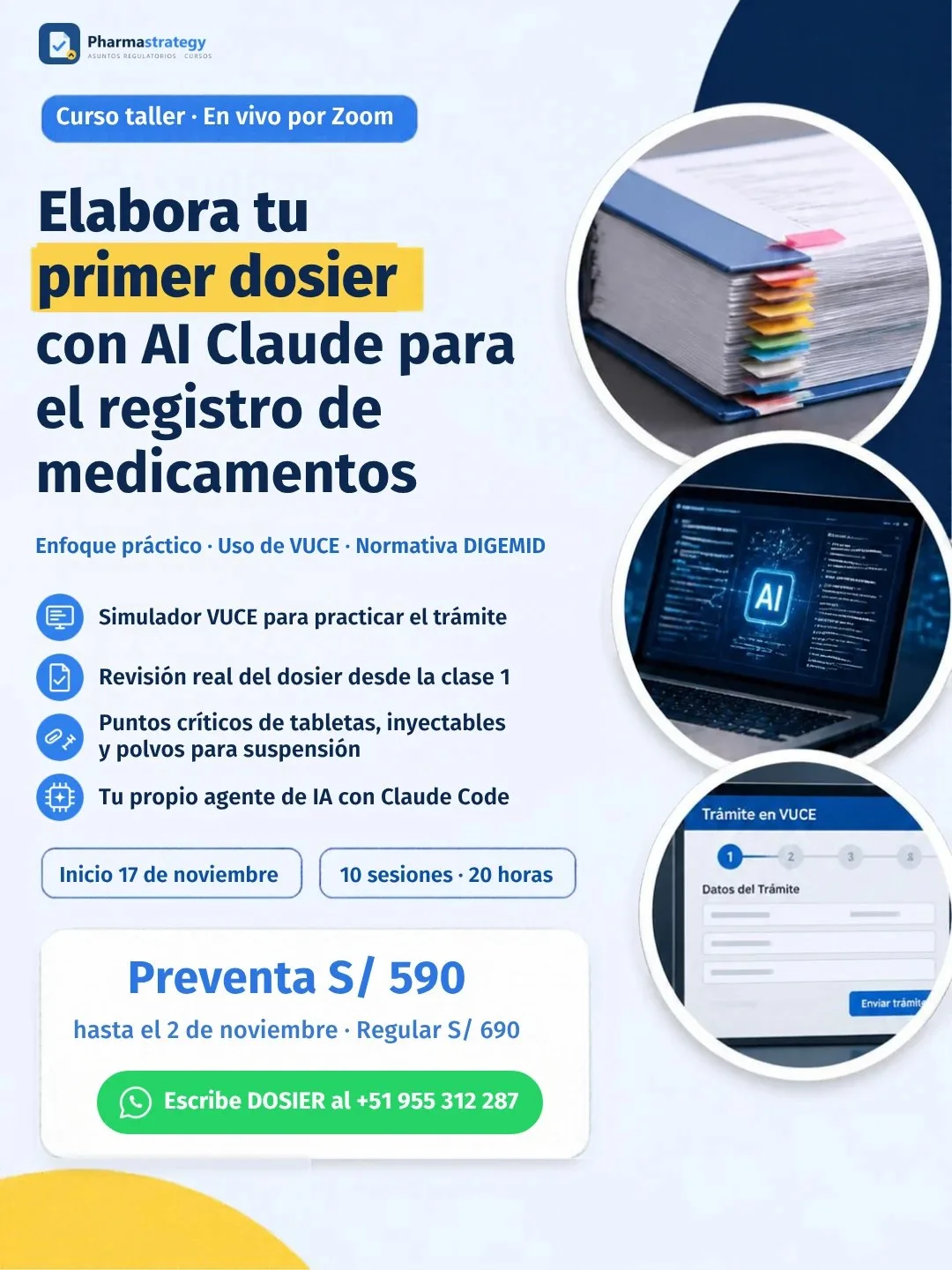 Flyer del curso de dosier para registro sanitario de medicamentos con IA, inicio 17 de noviembre de 2026